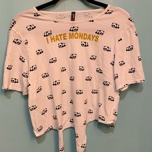 Electric Pink Urban Indie Casual White Pandas Print I Hate Monday’s Crop Top, XL